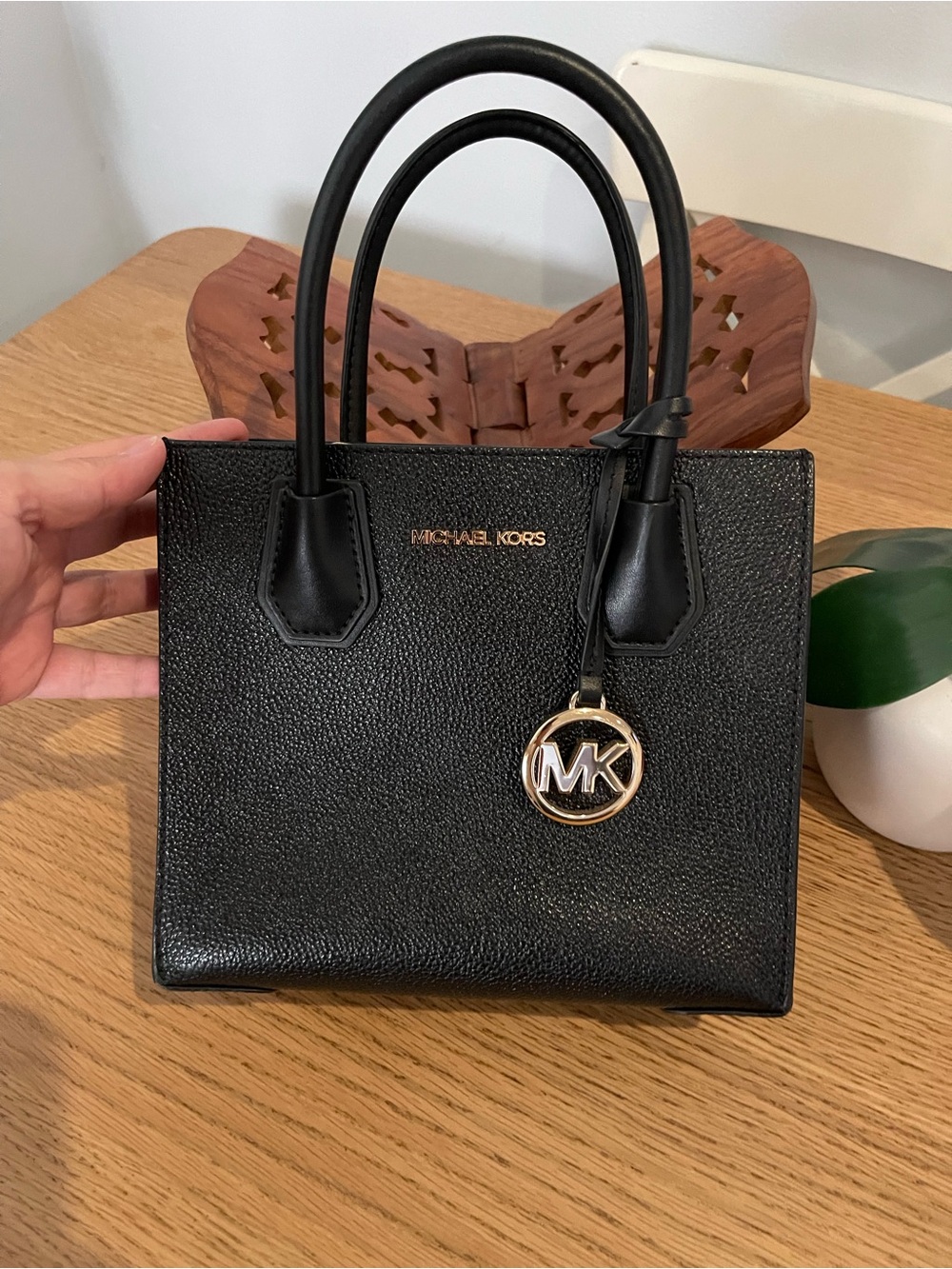 Michael Kors Black Leather Tote with MK Charm
